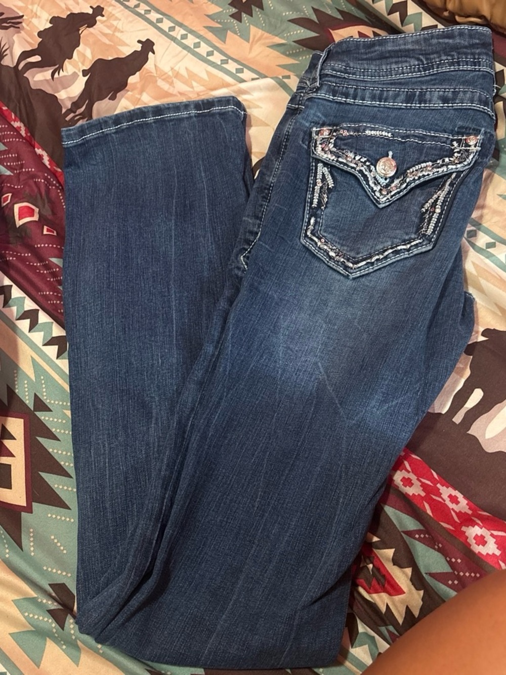 Grace Women's Dark Blue Bootcut Jeans with Embellished Back Pockets